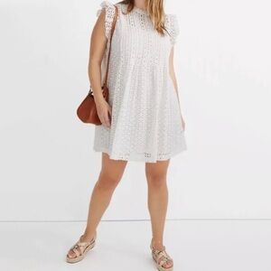 NWT Madewell Eyelet Ruffle-Sleeve Pintuck Mini Dress in White